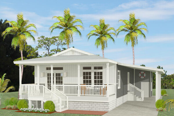 Rendering of a double wide manufactured home with a full front port and a carport