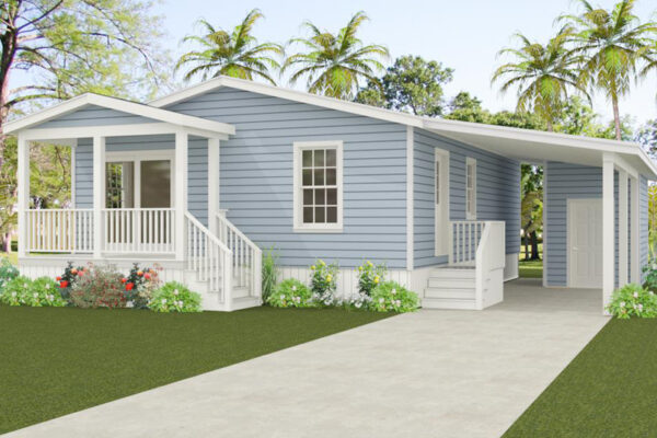 Rendering of a double wide mobile home with a front entry porch and a carport