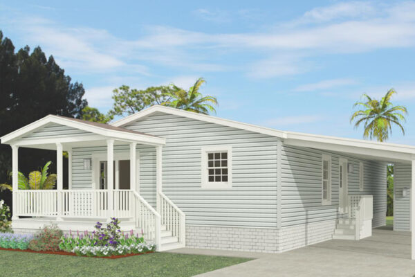 Rendering of a double wide mobile home with a carport and front porch