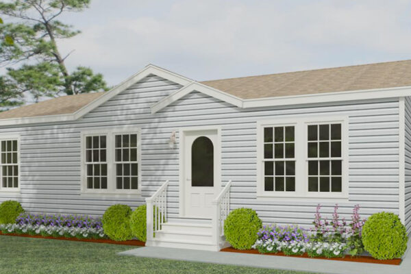 Rendering of a double wide mobile home with blue lap siding and a dormer with an eyebrow
