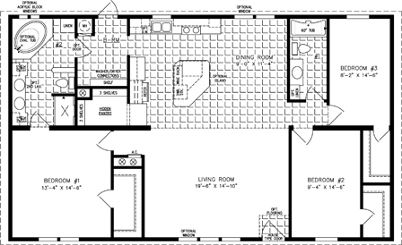 double wide floor plan with 3 bedrooms, 2 baths, living room, dining room, open kitchen with large island, and laundry room