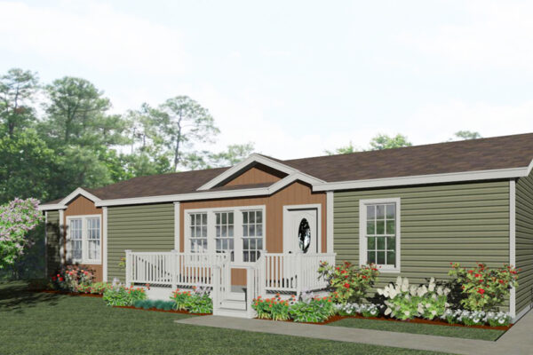 Rendering of a double wide manufactured home with green lap siding accented with red vertical lap under both dormer